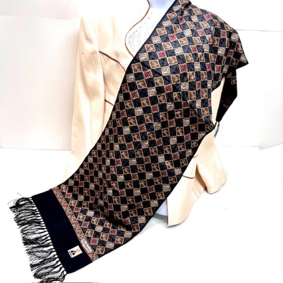 2 Ways Burberrys 100% Silk Satin Scarf 60"x13" Brown black Check Art Fring (1 - Picture 2 of 16